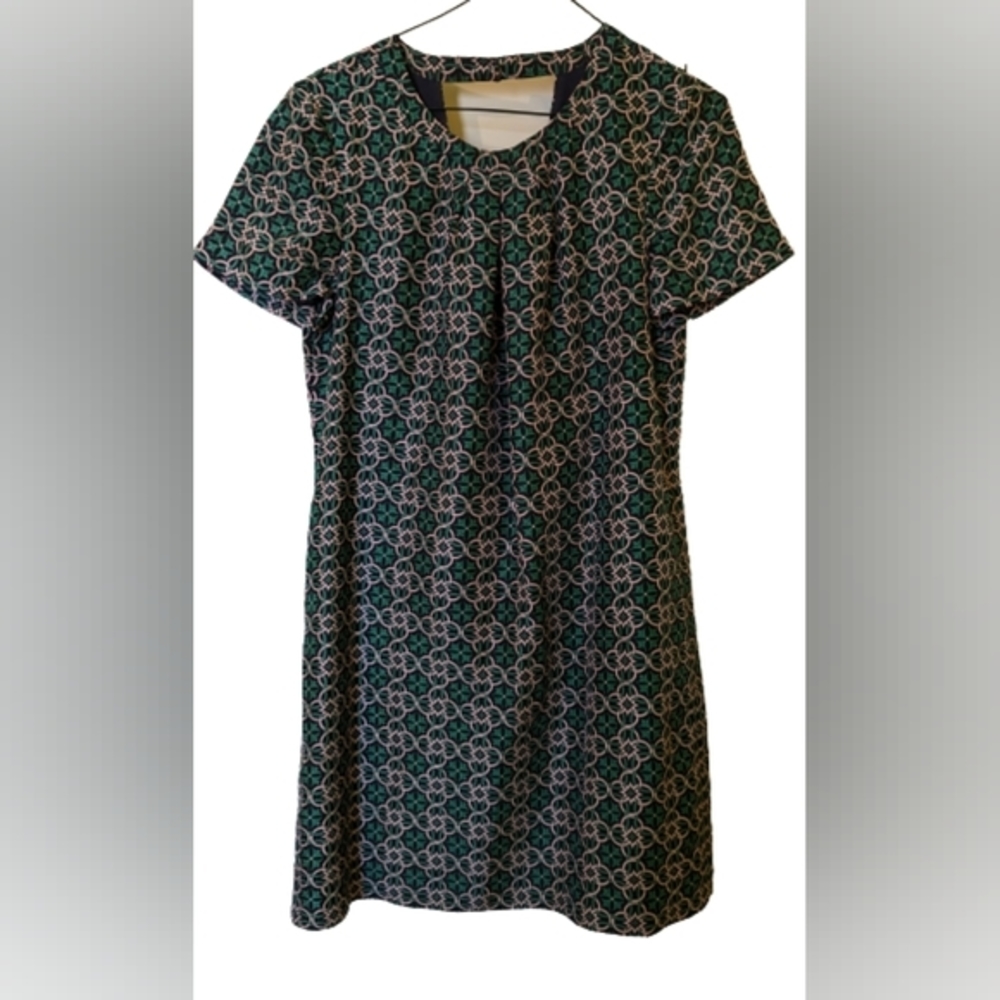 NWOT J Crew 100% Polyester geometric blue/green print sheath lined midi dress 4